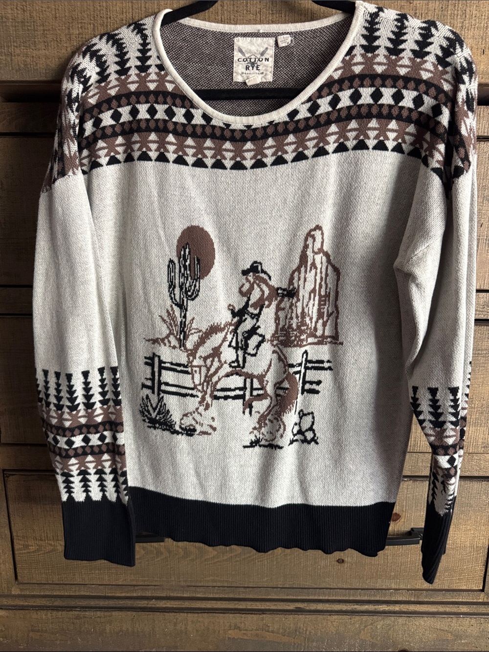 Women's Desert Cowboy Crewneck Sweater - Light Gray & Brown